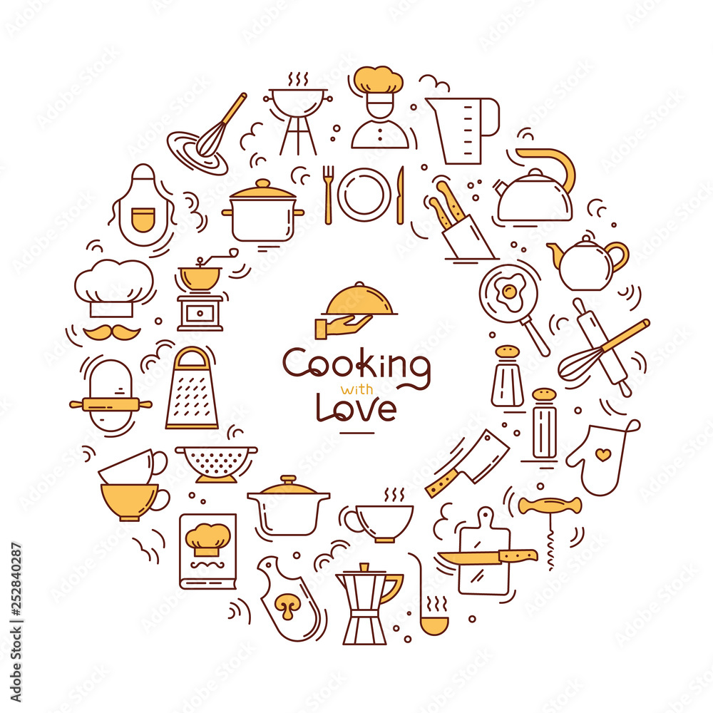 Cooking with love circular Background from icons on the theme of the