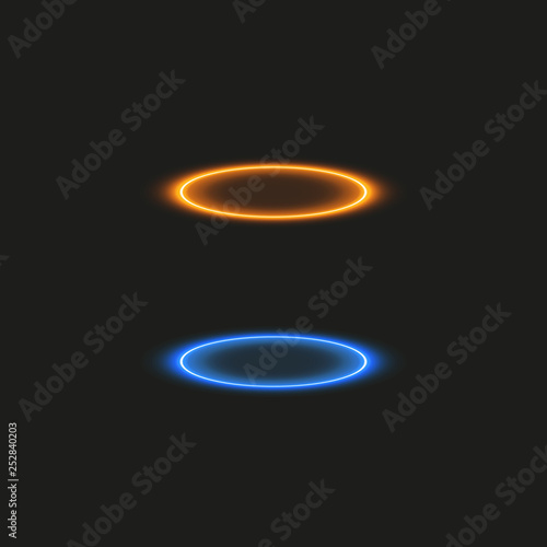 Magic fantasy portal. Futuristic teleport. Light effect. Blue and yellow candles rays of a night scene with sparks on a transparent background. Empty light effect of the podium. Disco club dancefloor