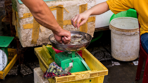 Vietnamese fishmarket in the Phu quoc island with many seafod and local vietnamese people photo