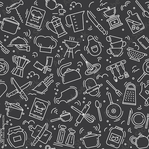 The seamless pattern on the kitchen theme with a variety of kitchen items on black background. Background for menu design, kitchen items, and other things.
