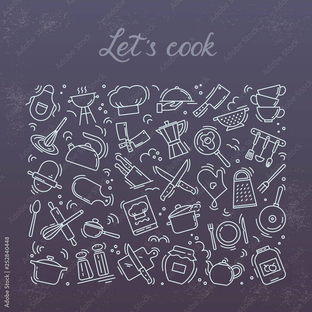Background from icons on the theme of kitchen and cooking with lettering lets cook. Background for the decoration of the menu of restaurants and cafes. Background from icons on the theme of kitchen and cooking with lettering lets cook. Background for the decoration of the menu of restaurants and cafes.