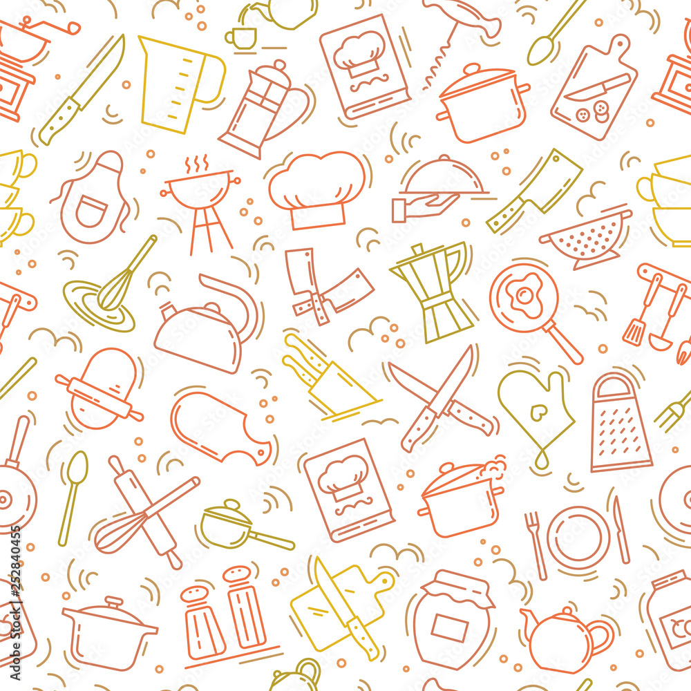 The seamless multi-colored pattern on the kitchen theme with a variety of kitchen items. Background for menu design, kitchen items, and other things. The seamless multi-colored pattern on the kitchen theme with a variety of kitchen items. Background for menu design, kitchen items, and other things.