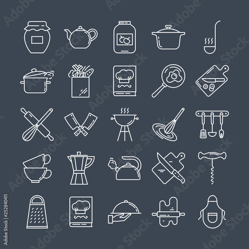 Set of clean line icons featuring various kitchen utensils and cooking related objects isolated on black background. photo