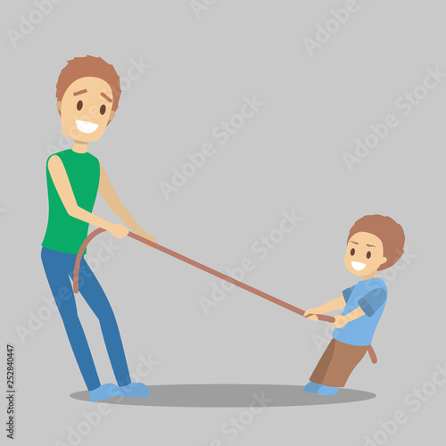 Father and son pull the rope against