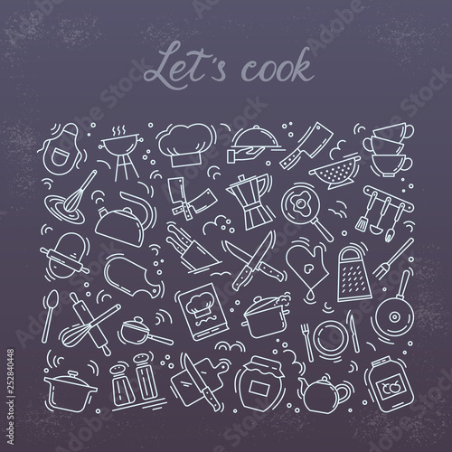 Background from icons on the theme of kitchen and cooking with lettering lets cook. Background for the decoration of the menu of restaurants and cafes.