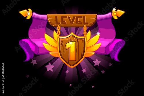 Receiving the cartoon achievement game screen. Level UP. Vector Award Shield icon. For game, user interface, banner, application, game development.
