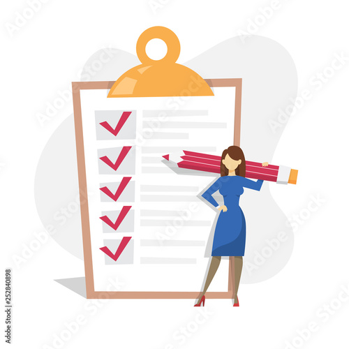 Woman with pencil standing at the big checklist