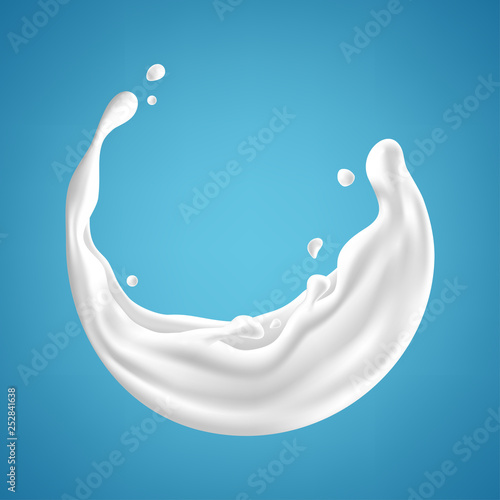 Milk splashes isolated on blue background. Realistic vector illustration