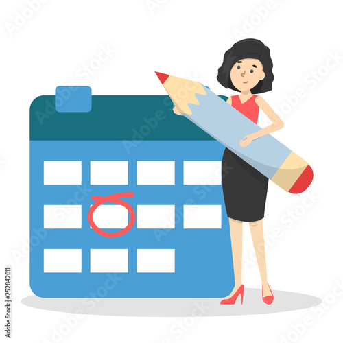 Woman standing with big pencil at a giant calendar