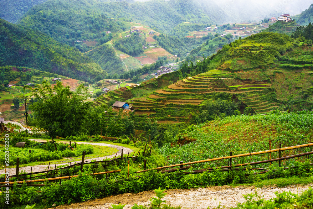 Landscape view of valley, village and paddy fields in Sapa