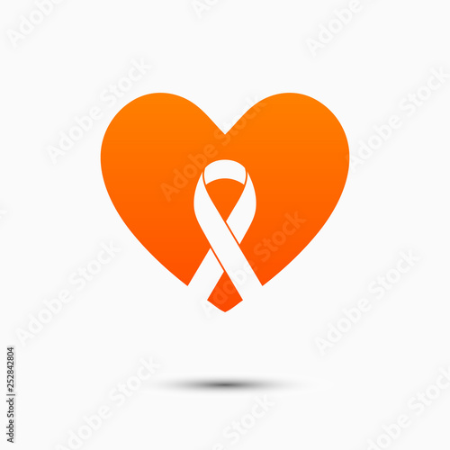 Orange awareness ribbon vector illustration with awareness badge in front of an orange heart shape. Symbol of multiple sclerosis, self injury, and kidney related cancer awareness programs.