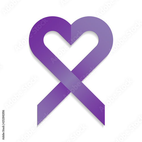 Purple awareness ribbon in heart for awareness and prevention capmaigns. 3d style violet ribbon with shadow isolated on white background.