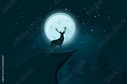 Deer silhouette on the full moon background