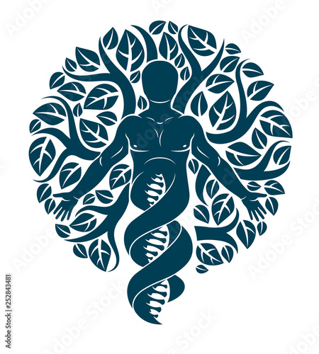 Vector individual, mystic character deriving from DNA strands and made with eco tree leaves. Human, science and ecology interaction, technology and nature balance.