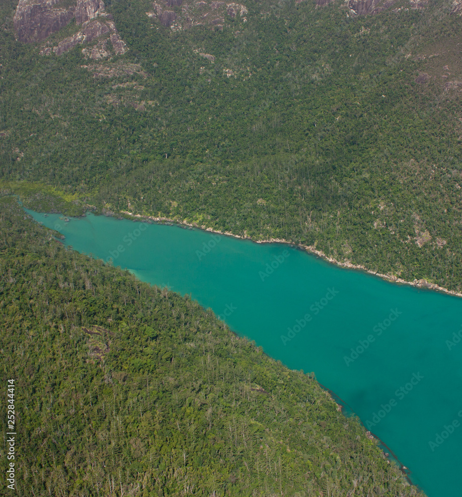 An aerial picture of an inlet in Whitsundays in Australia