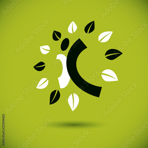 Vector illustration of excited abstract person with raised hands up. Go green idea creative logo. Wanderlust and countryside vacation idea symbol.