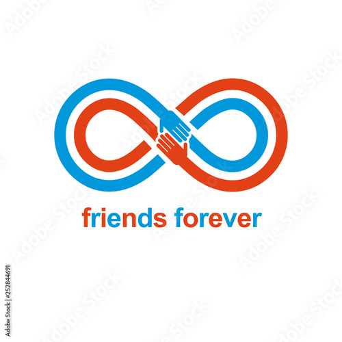 Infinity sign with two hands touching each other, infinite friendship concept, forever friends vector creative logo.