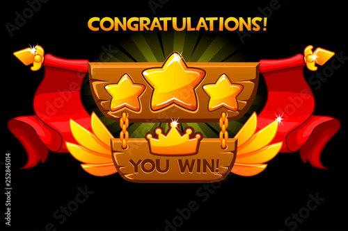 Receiving the cartoon achievement game screen. Vector banner. For game, user interface, banner, application, game development.
