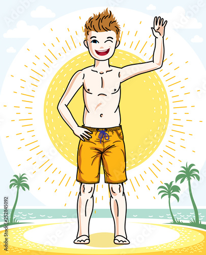 Child young teen boy cute standing in colorful stylish beach shorts. Vector pretty nice human illustration. Fashion and lifestyle theme cartoon.