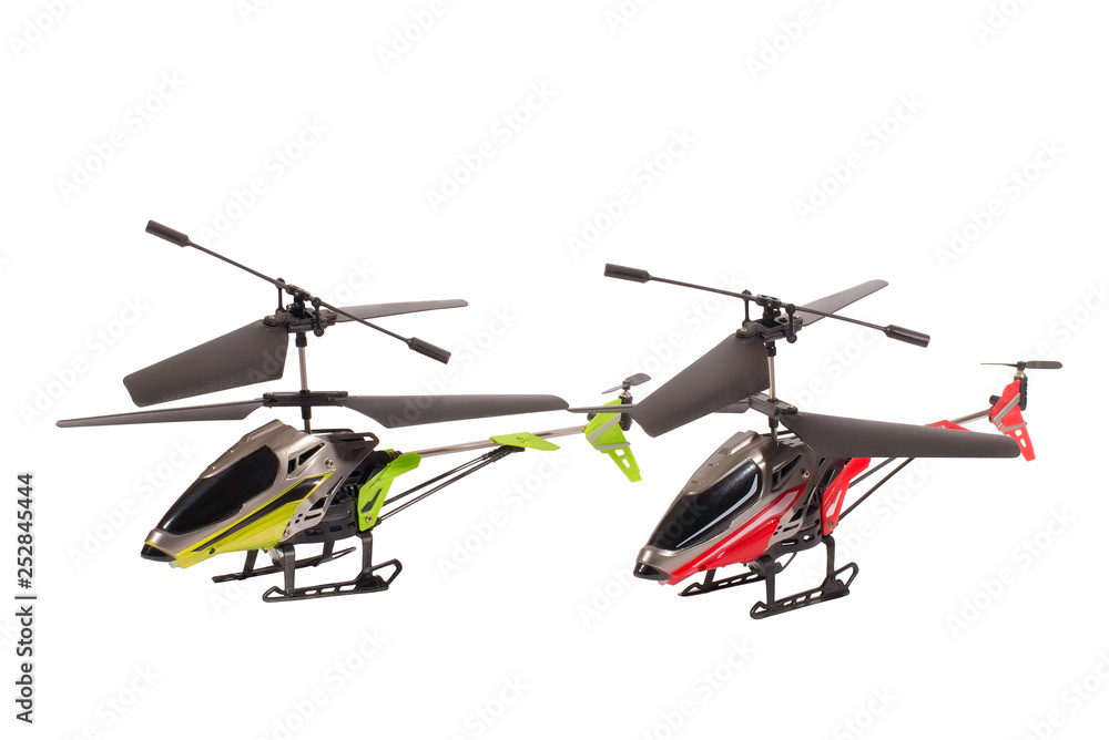 Two RC helicopter, toy helicopter, green and red color, isolated
