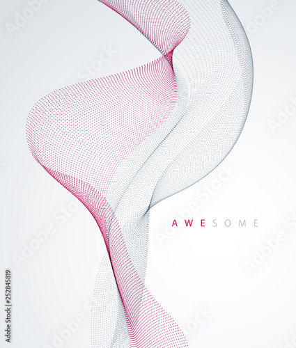 Sound wave, particles flow, effect in motion. dynamic vector abstract background. 3d shape dots blended mesh, future technology relaxing wallpaper.