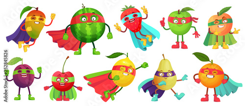 Superhero fruit. Super apple, berry and orange in hero cloak costume. Garden superheroes healthy food cartoon vector illustration set
