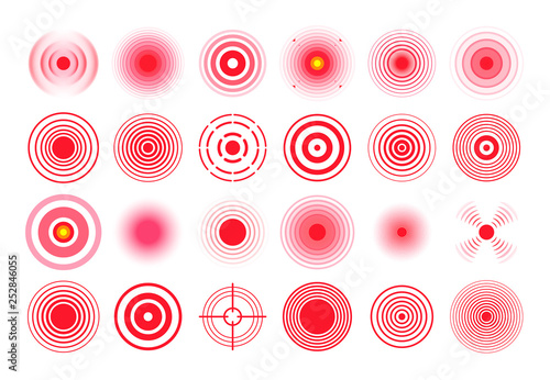 Red pain circle. Painful target mark, pain area circles and sore throat therapy remedy isolated vector set photo