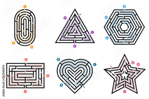 Labyrinth conundrum. Searching way, many ways directions maze and labyrinths child game isolated vector set