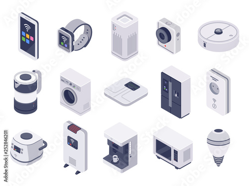 Isometric internet of things devices. Smart watch, household appliances and wireless controlled microwave 3d vector illustration set