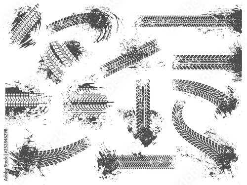 Dirty tire tracks. Grunge motor race track, wheel tires protector pattern and dirt wheels imprint texture vector illustration set