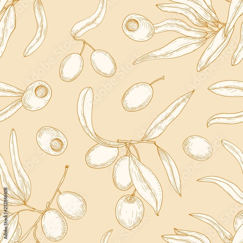 Decorative seamless pattern with olive tree branches, leaves, ripe fruits or ...