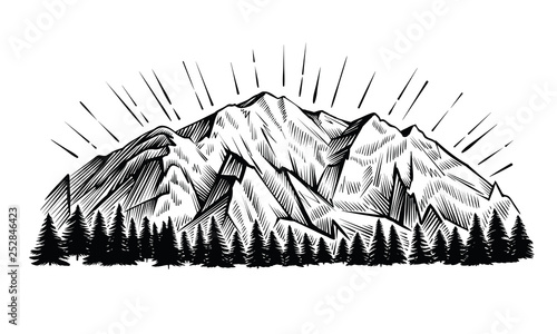 Mountain vector vintage illustration. Engraving rock chains landscape with peak and forest.