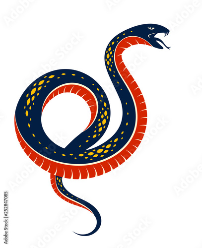 Snake vector tattoo, deadly poison dangerous serpent, venom aggressive predator reptile animal vintage style illustration.