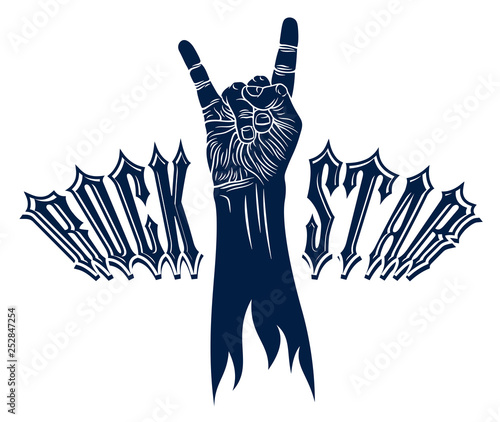 Rock hand sign, hot music Rock and Roll gesture, Hard Rock festival concert or club, vector label emblem or logo, musical instruments shop or recording studio.