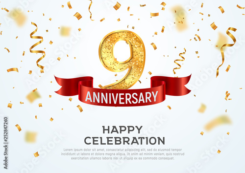 9 years anniversary vector banner template. Nine year jubilee with red ribbon and confetti on white background