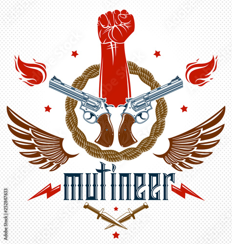 Revolution and Riot aggressive emblem or logo with strong clenched fist, weapons and different design elements , vector tattoo, anarchy and chaos, rebel partisan and revolutionary.