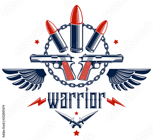 Bullets and guns vector emblem of Revolution and War, logo or tattoo with lots of different design elements, anarchy and chaos concept, criminal and gangster style, social tension theme.