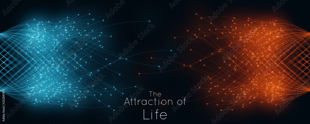 Colorful attraction of life. Vector connecting particle tails. Small particles strive to each other. Blurred debrises into rays or lines under high speed of motion. Burst, explosion backdrop. - obrazy, fototapety, plakaty 