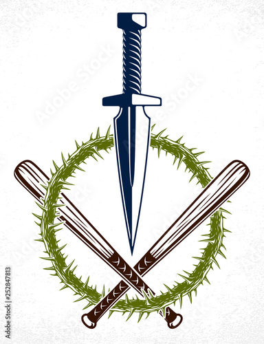 Dagger knife and other weapons  vector emblem of Revolution and War, tattoo with anarchy and chaos concept, criminal and gangster style, social tension theme.