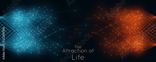 Colorful attraction of life. Vector connecting particle tails. Small particles strive to each other. Blurred debrises into rays or lines under high speed of motion. Burst, explosion backdrop. photo