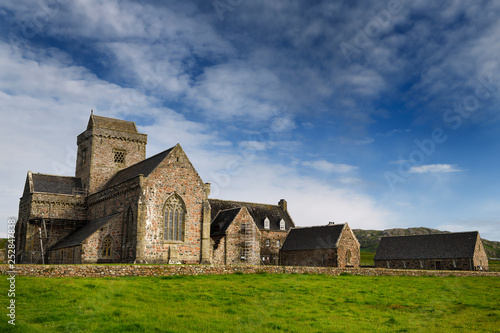 Restoration work at Iona Abbey monastery founded by St Columba bringing christianity to Scotland on Isle of Iona Inner Hebrides Scotland UK