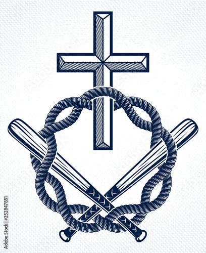 Gangster thug emblem or logo with Christian Cross, vector tattoo, anarchy and chaos, dead rebel partisan and revolutionary.