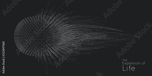 Expansion of life. Vector sphere explosion background. Small particles strive out of center. Blurred debrises into rays or lines under high speed of motion. Burst, explosion backdrop.