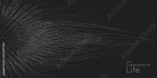 Expansion of life. Vector sphere explosion background. Small particles strive out of center. Blurred debrises into rays or lines under high speed of motion. Burst, explosion backdrop.