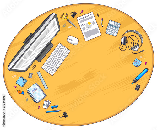 Wooden work desk workspace top view with PC computer and a lot of different stationery objects on table with copy space. All elements are easy to use separately or recompose illustration. Vector. photo