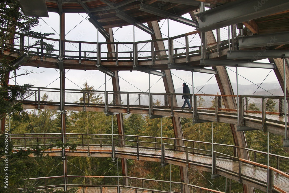 The wooden treetop walk tower on the Baumwipfelpfad in the Bavarian forest national park, Germany, near the frontier of the Czech Republic. Europe. The wooden treetop walk tower on the Baumwipfelpfad in the Bavarian forest national park, Germany, near the frontier of the Czech Republic. Europe.