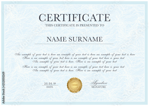 Certificate template with Guilloche pattern, frame border and gold award. Blue background design for Diploma, certificate of appreciation, achievement, completion, of excellence