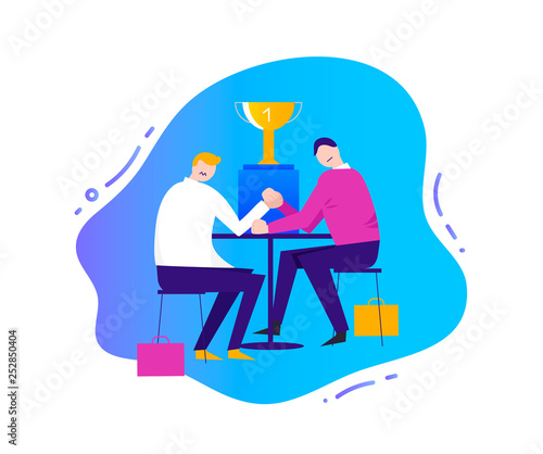 Vector business illustration, stylized characters. Business competition concept, 2 men figthing for the victory cup