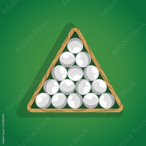 Billiard balls in triangle on green pool table top view. White pool balls in triangle for billiard game.