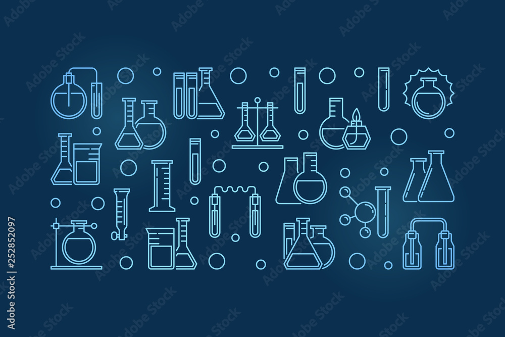 Laboratory equipment outline blue modern banner. Vector chemical glassware concept linear illustration on dark background